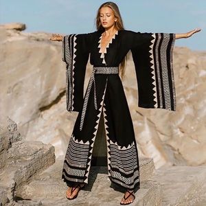 Black Boho Vintage Style Kimono, Resortwear Robe Duster with belt tie